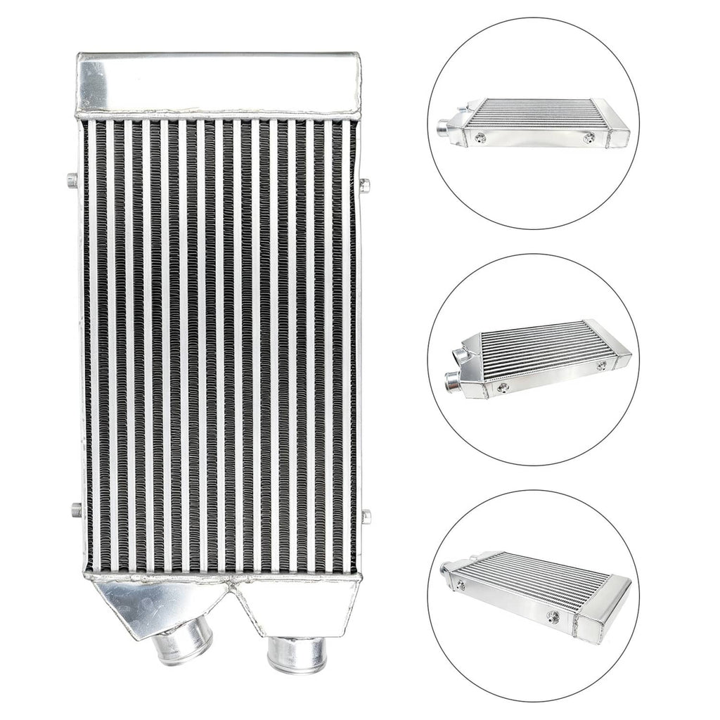 Aluminum intercooler with tall ribbed core and multiple mounting-view diagrams