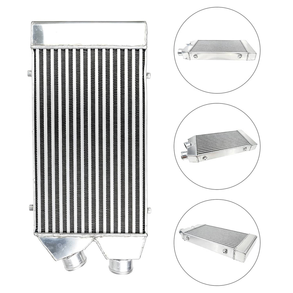 Aluminum intercooler with tall ribbed core and multiple mounting-view diagrams