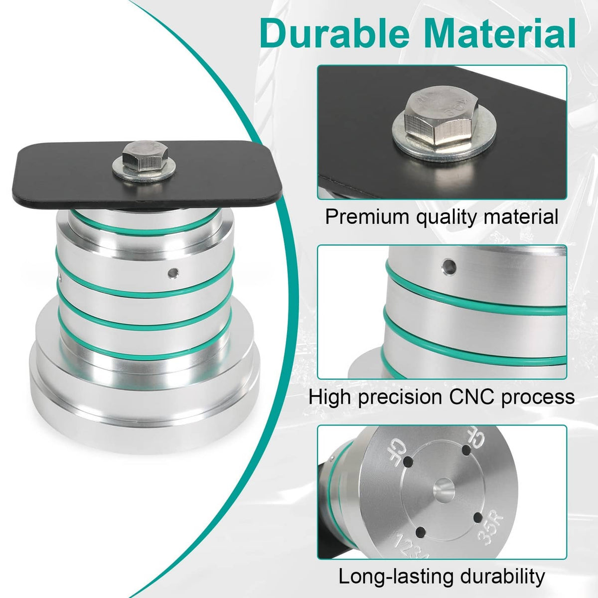 Reverse drum testing tool with black mounting plate and teal-banded metal rings