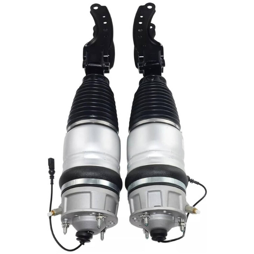Pair of air suspension shock struts with black coil springs, silver bodies, and bracket loops