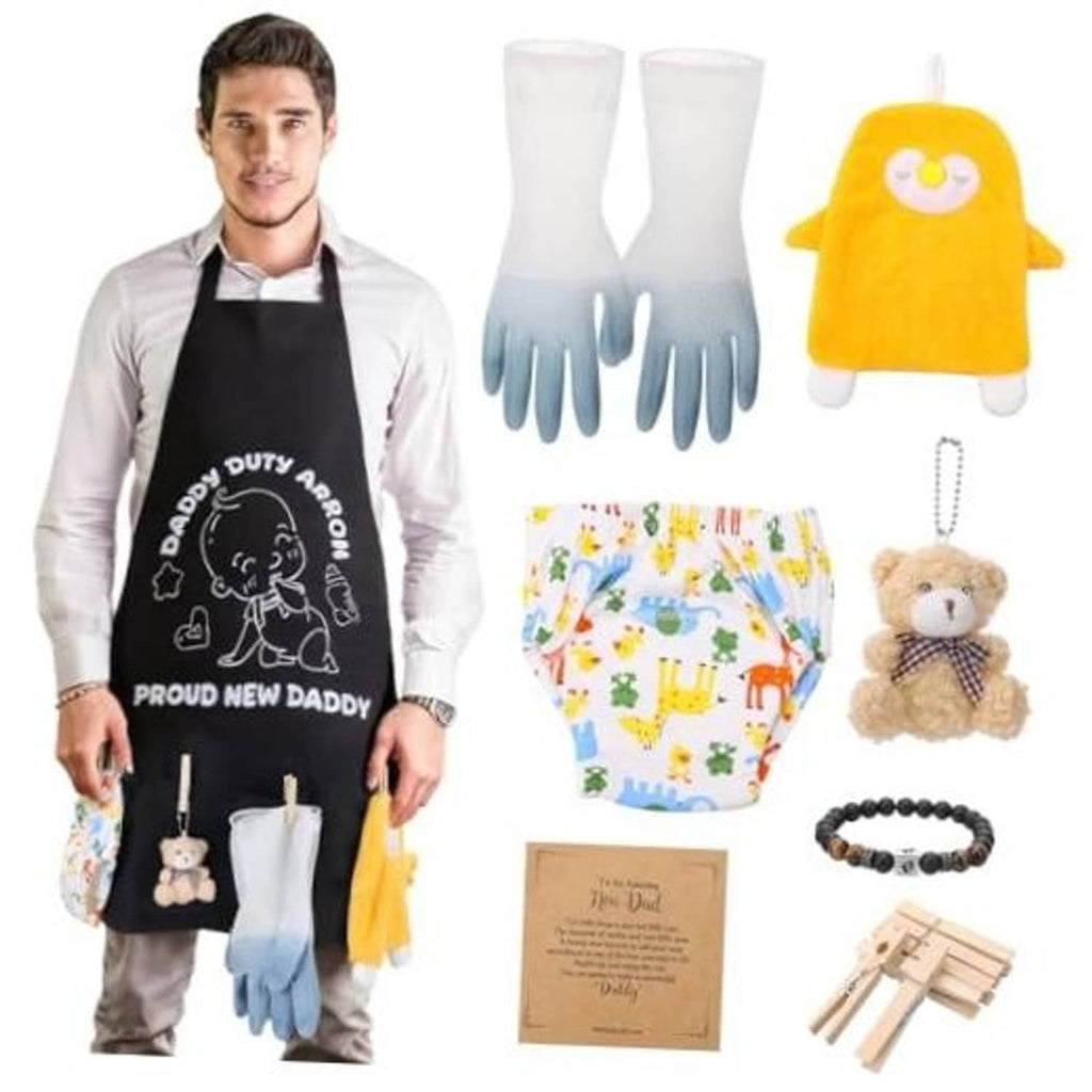 Black dad apron with front pockets and novelty graphic, worn with shirt and pants