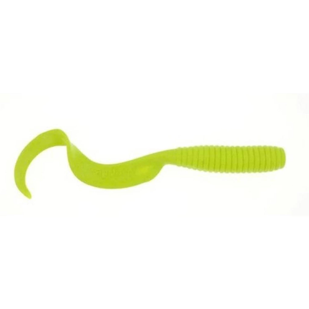 Chartreuse soft fishing bait with curled tail and ribbed body