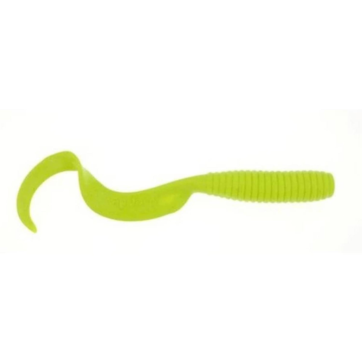 Chartreuse soft fishing bait with curled tail and ribbed body