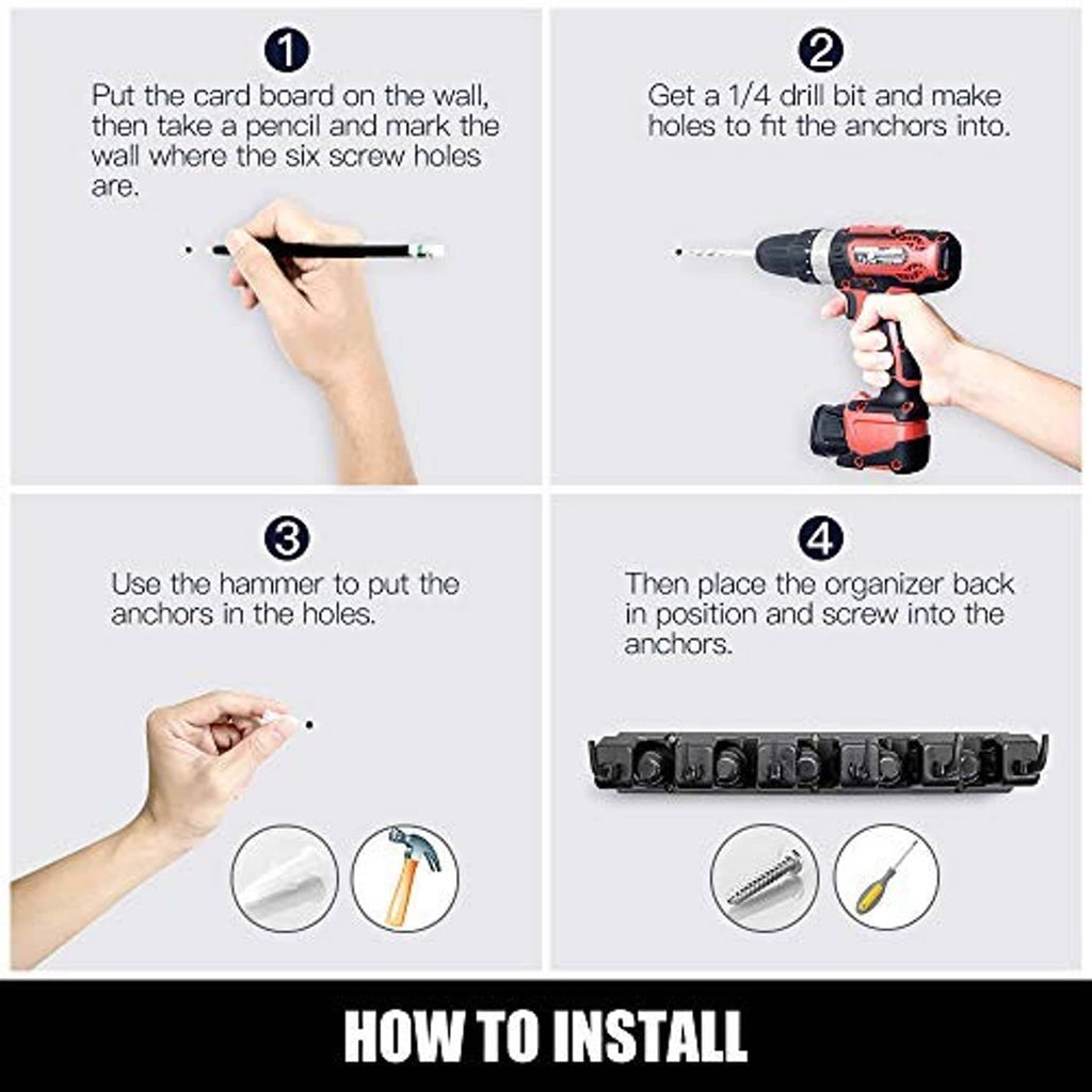 Mop and broom holder installation showing drill and screws with mounting rail