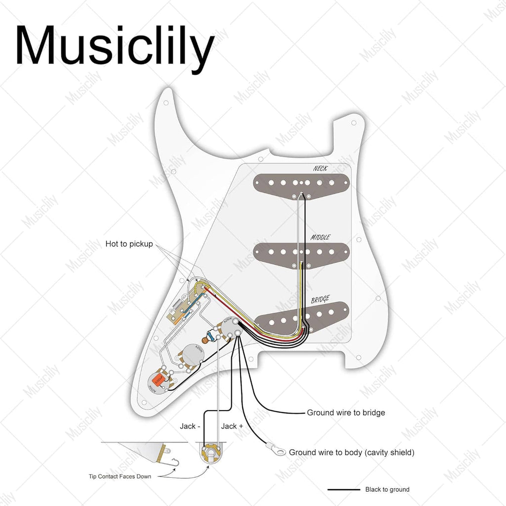 Strat-style pre-wired pickguard wiring diagram showing pickups, jack, and ground connections