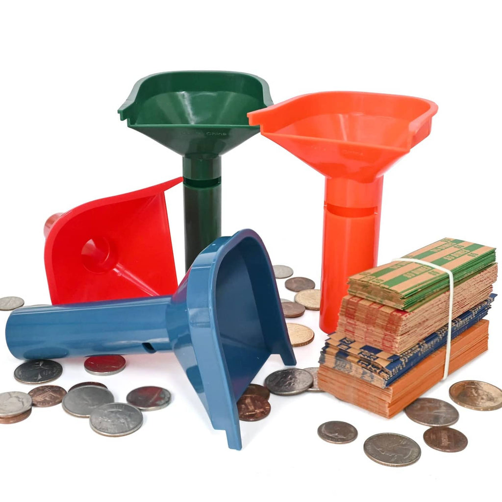 Assorted coin tubes with stacked coin wrappers and loose coins