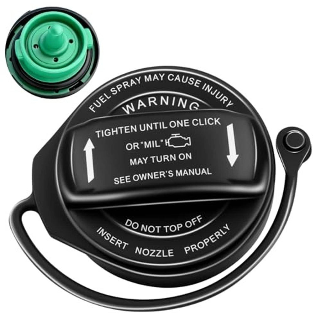 Fuel tank cap with warning label and attached pull strap, green insert