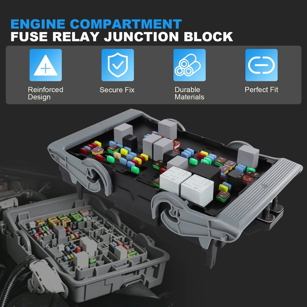 Electrical fuse relay junction block with open top, colorful fuses and relay modules inside