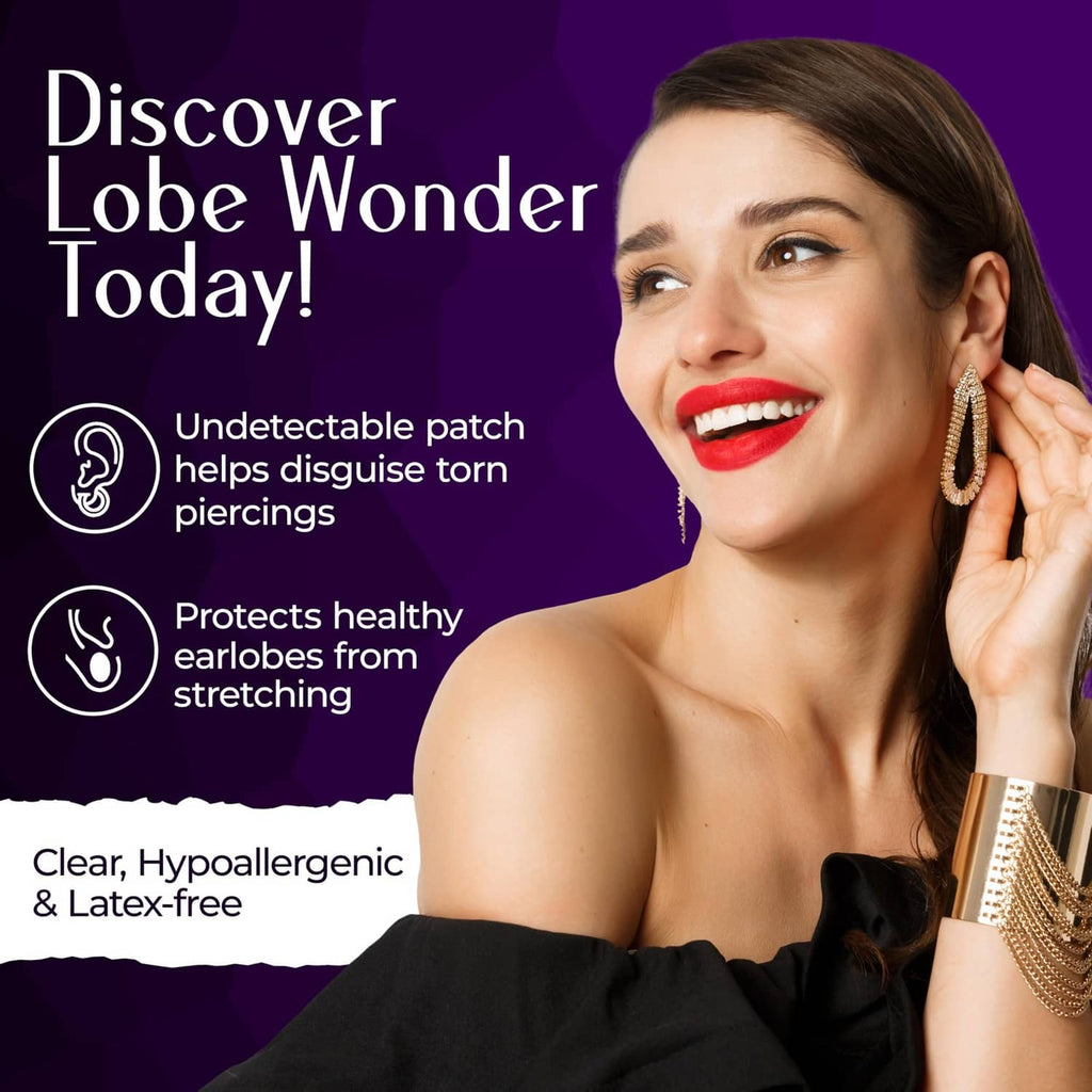 Clear ear support patch on an earlobe concept; hypoallergenic, latex-free