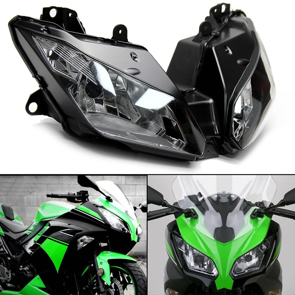 Motorcycle headlight assembly with clear projector-style lenses and black housing, angled