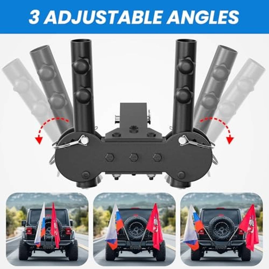Double hitch flagpole mount showing two adjustable angle pole tubes on a black base