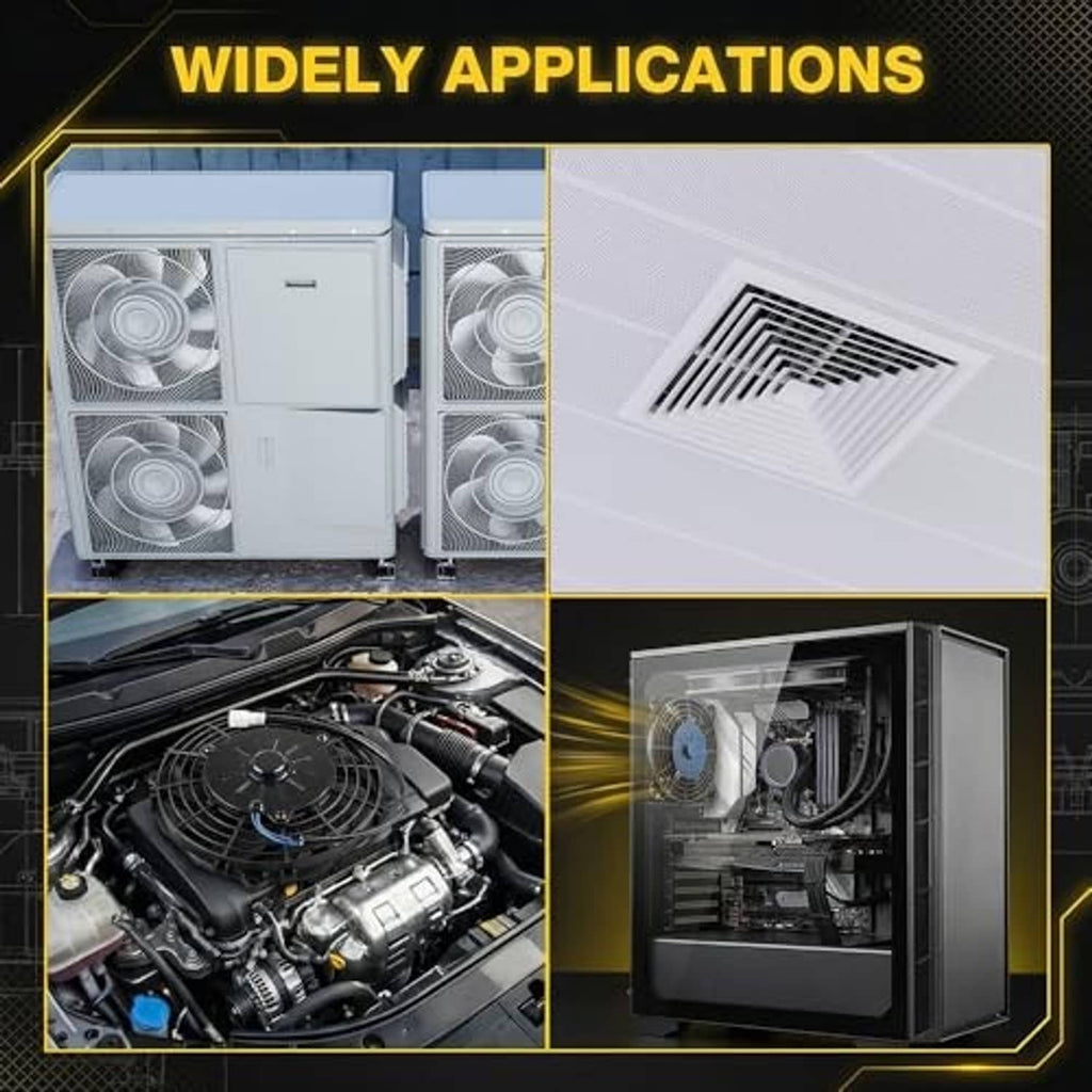 Radiator cooling fan with black grille shown in an installation layout with engine and vents