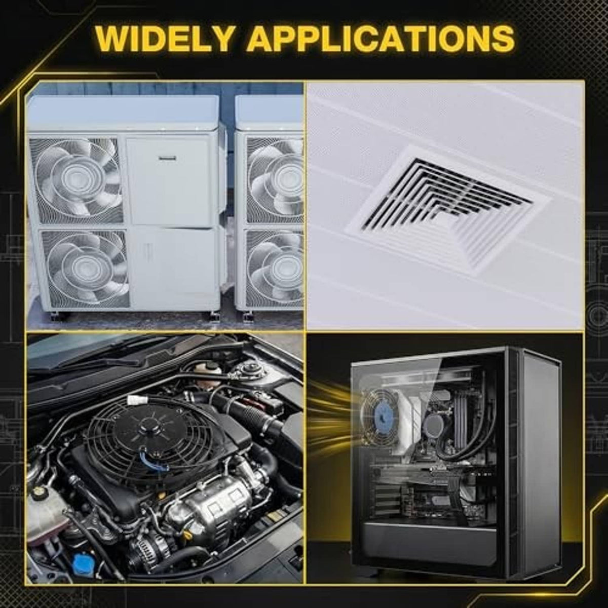 Radiator cooling fan with black grille shown in an installation layout with engine and vents