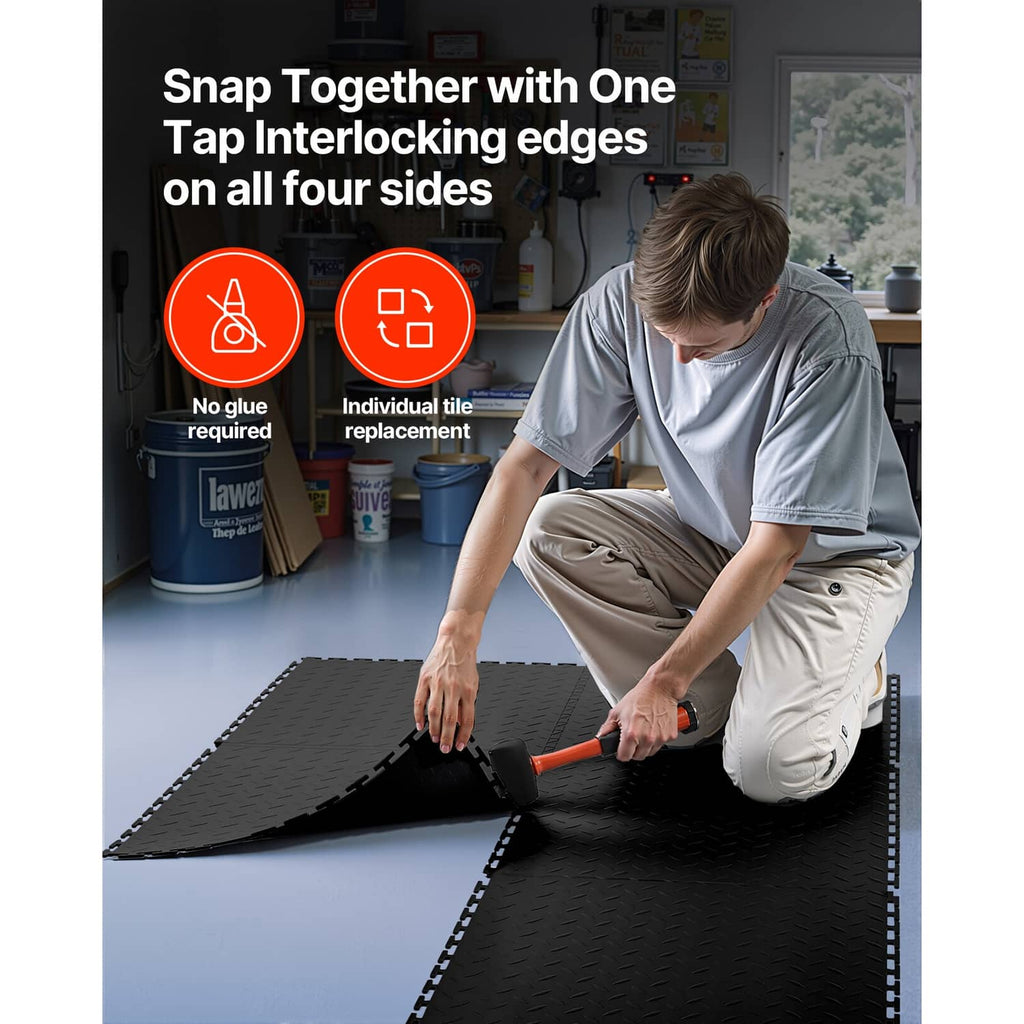 Black PVC interlocking floor tiles with four-side tap-lock edges