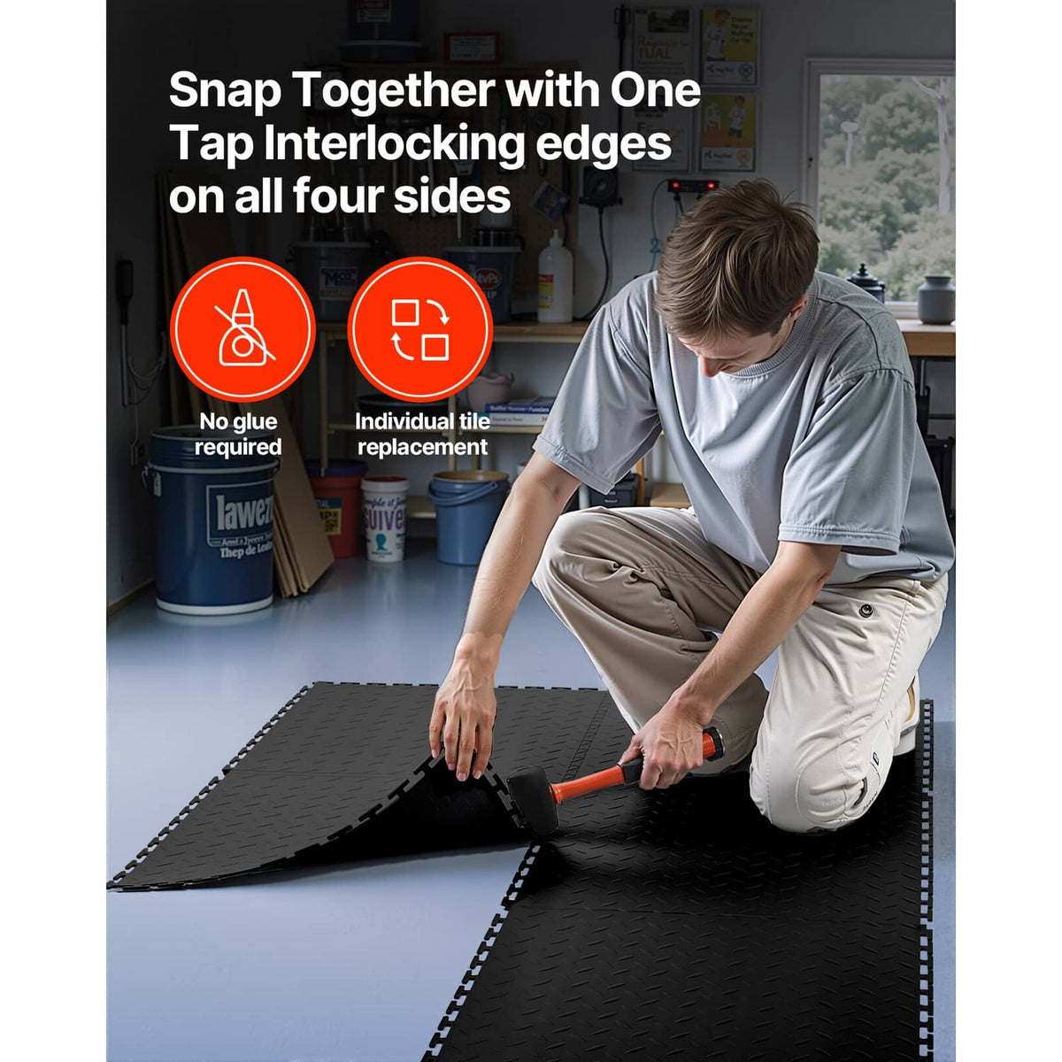 Black PVC interlocking floor tiles with four-side tap-lock edges