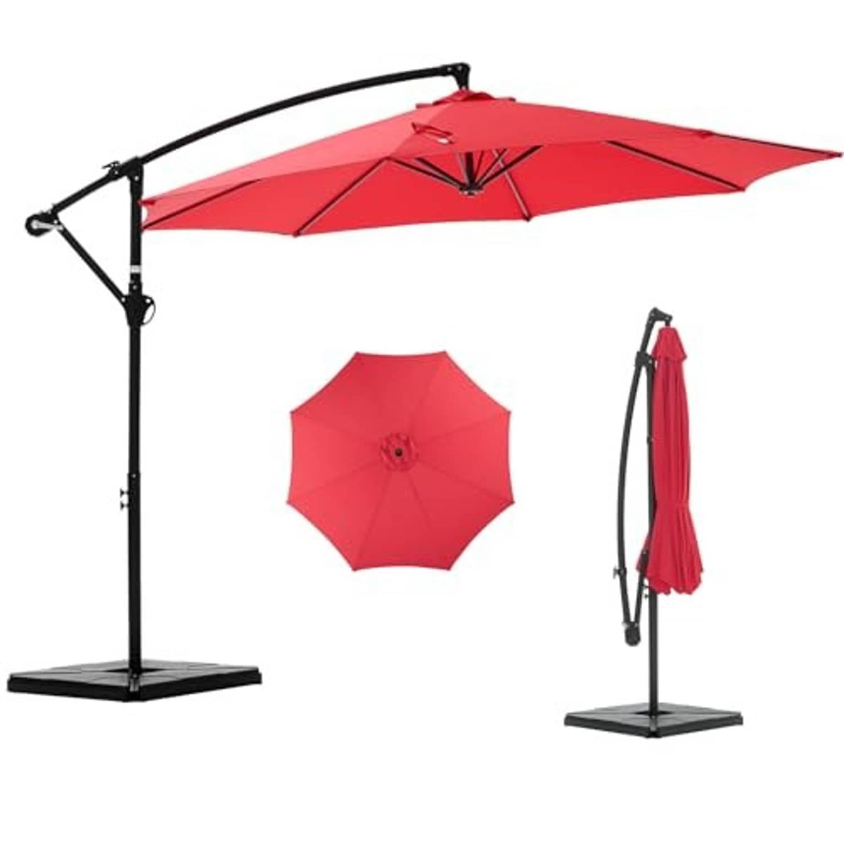 Bright red cantilever umbrella open canopy with black curved arm and base