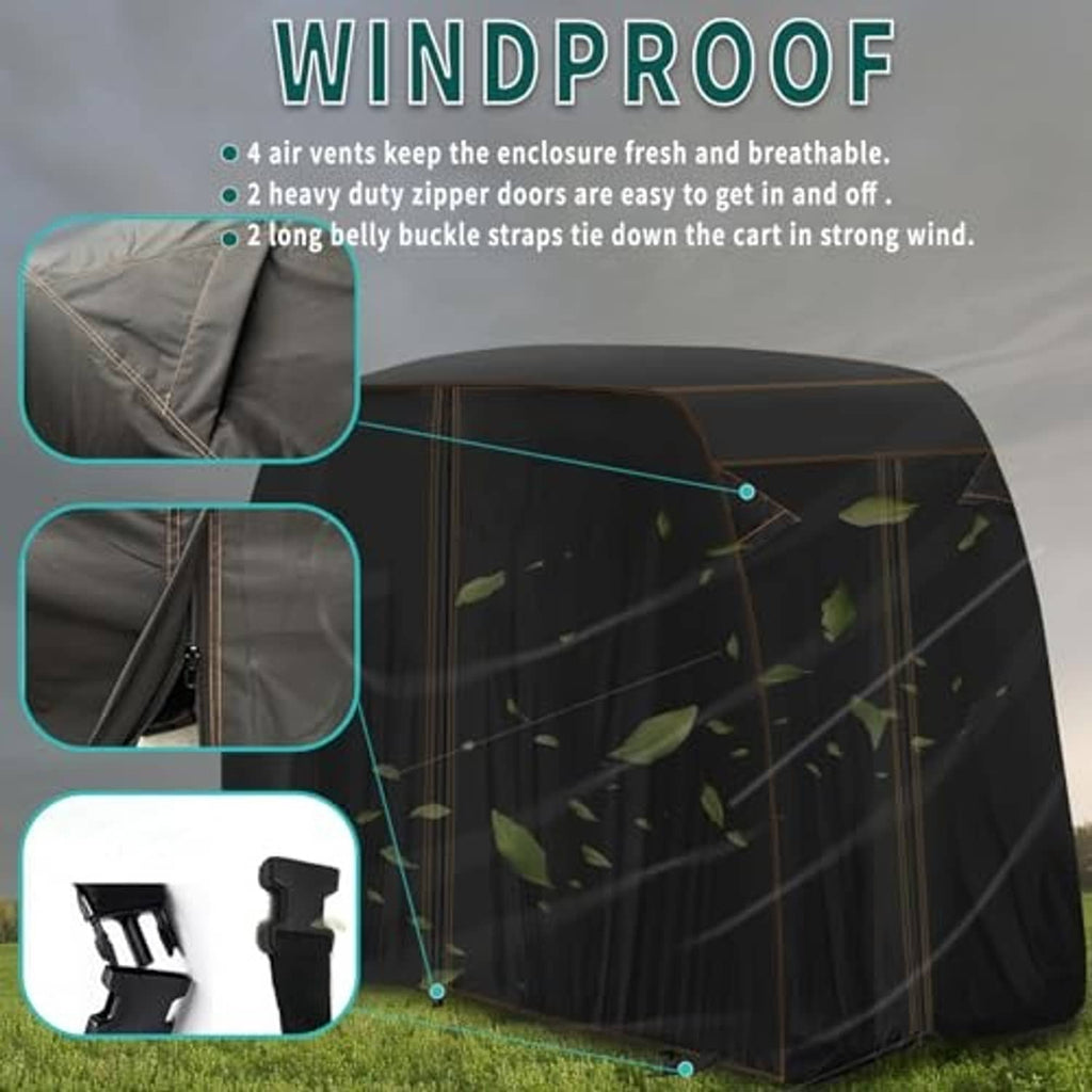 Black windproof golf cart cover with zippered panels and tie-down straps shown