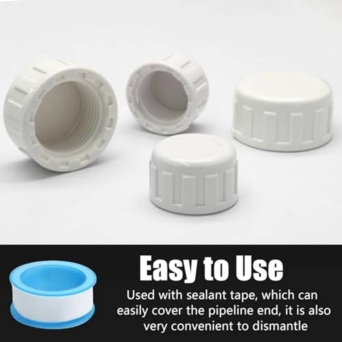 Set of 6 white PVC pipe end caps with internal threads, some shown with open female end