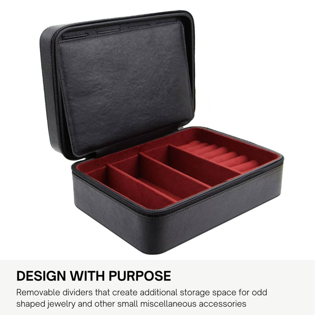 Open black jewelry box revealing red divided tray compartments for accessories