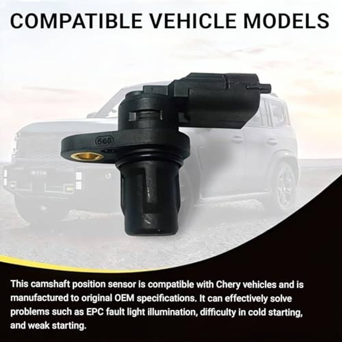 Camshaft position sensor with black body and gold mounting hole, front angle