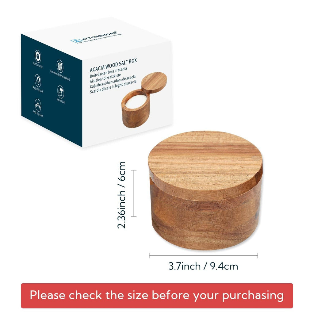 Acacia wood salt cellar bowl with closed round lid and size measurement