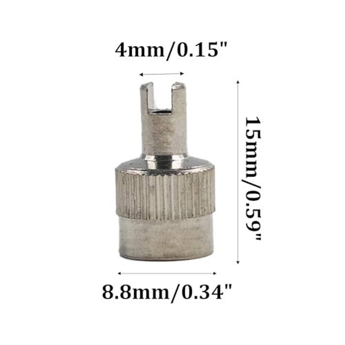 Silver tire valve stem cap, slotted top; dimensions 4mm opening and 15mm height