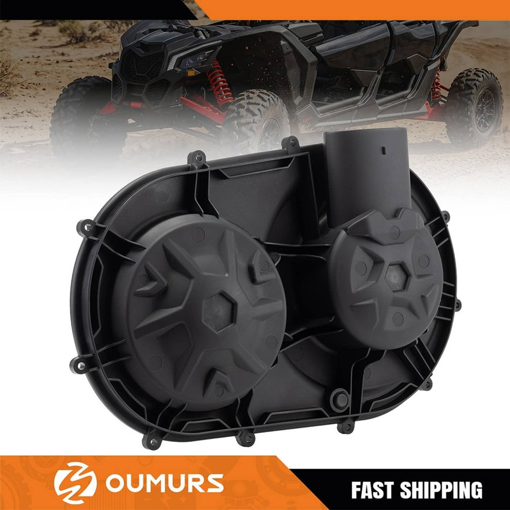 Black plastic clutch cover with vented fan wheel details and mounting tabs