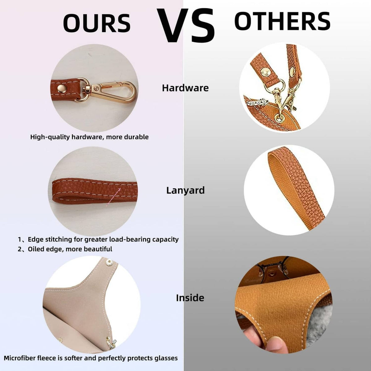 Soft microfiber-lined sunglasses case design with metal hardware and stitched edges