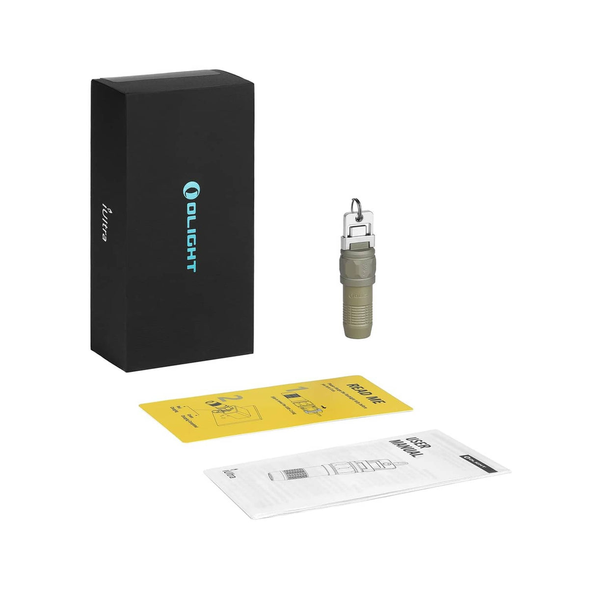 Olive green mini rechargeable flashlight with black OLIGHT box and instruction cards