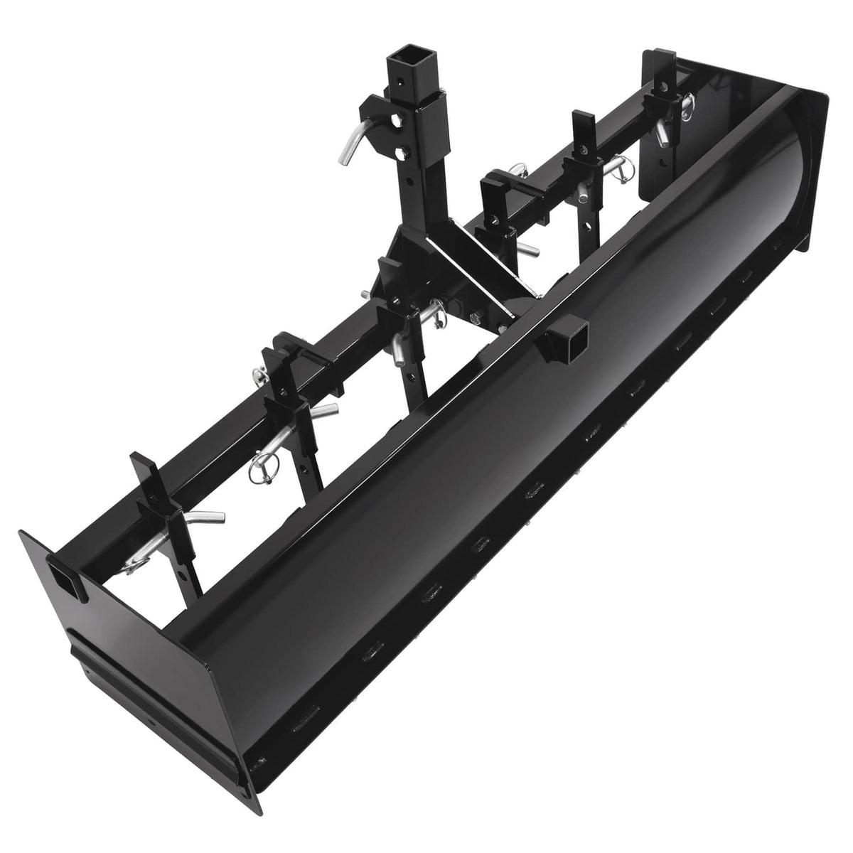 Tow-behind box scraper blade implement with three-point hitch frame and curved blade