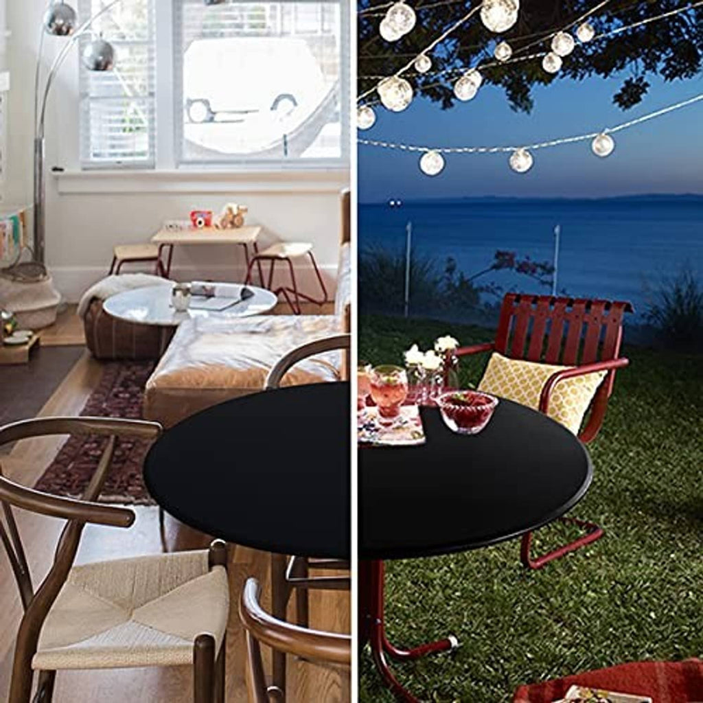 Black round table cloth with elastic fit, used indoors and outdoors