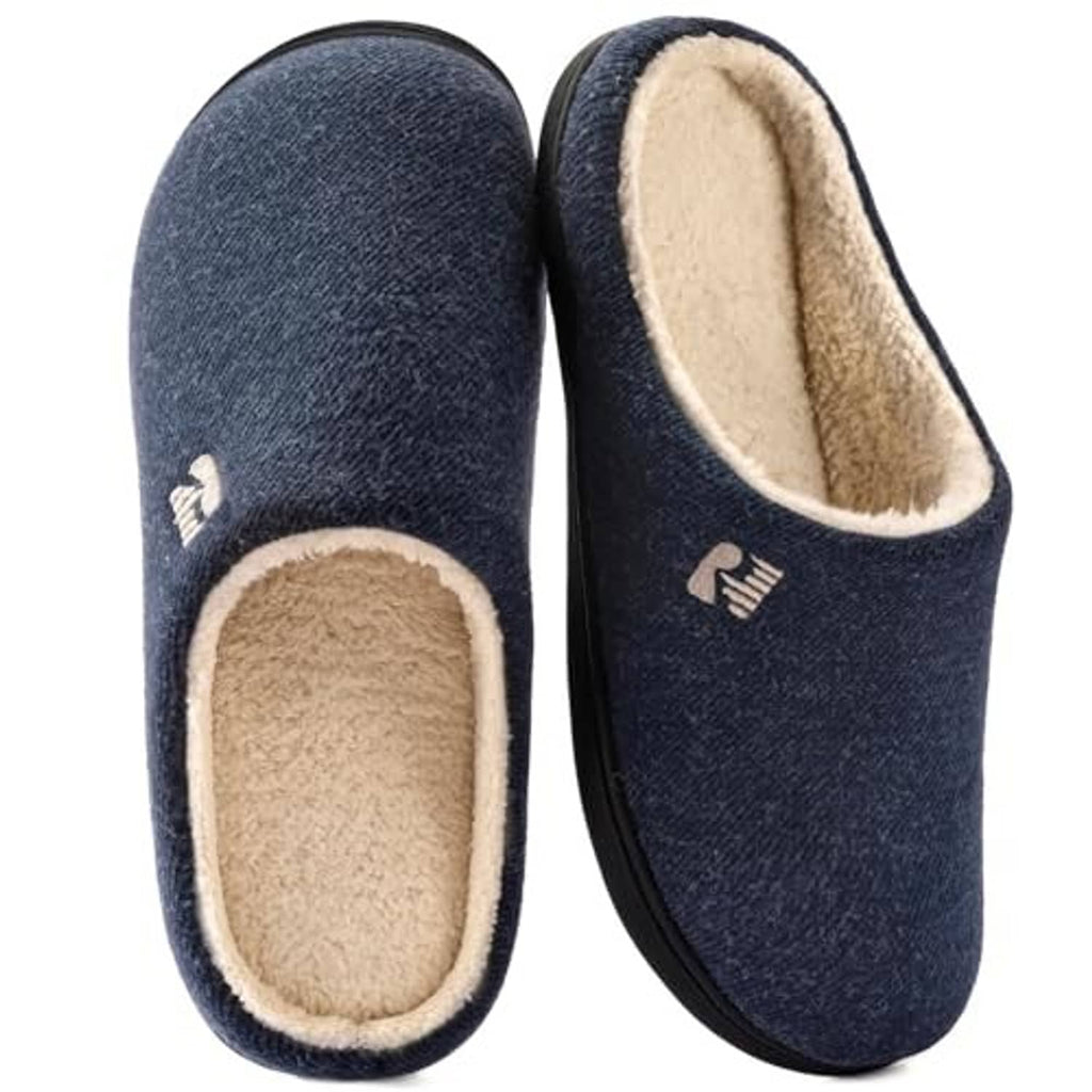 Navy blue men’s clog slippers showing tan sherpa interior and slip-on design