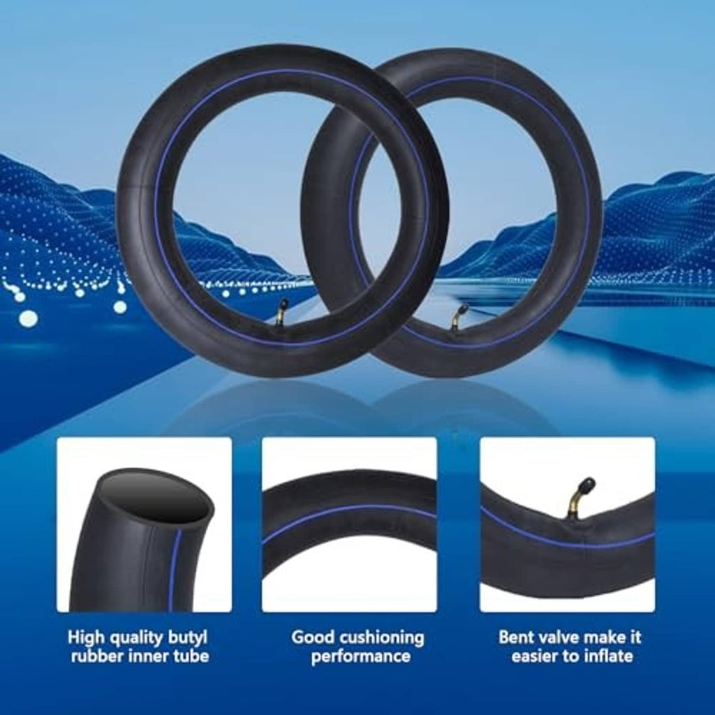 Two black inner tubes with blue stripe and valve stems, side-by-side