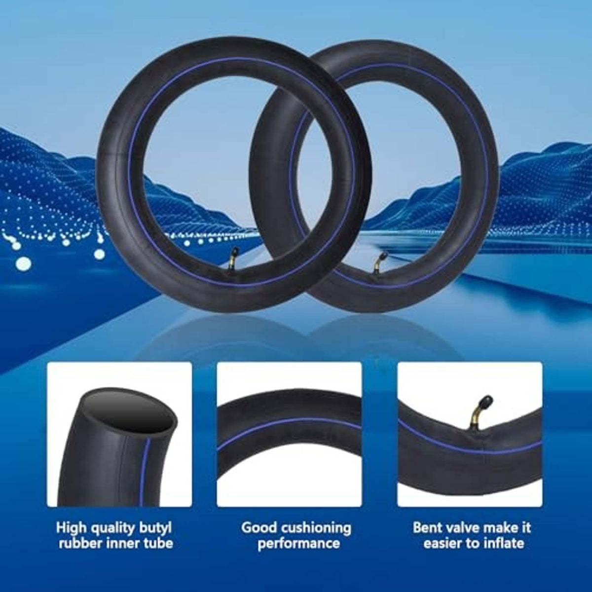 Two black inner tubes with blue stripe and valve stems, side-by-side