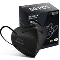 KN95 respirator face masks, deep black, pack of 50 with box and stacked masks