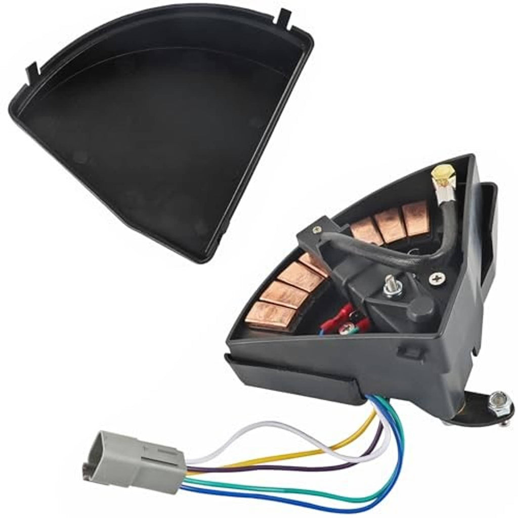 Black wiper switch replacement with open housing, metal fasteners, and wire harness.