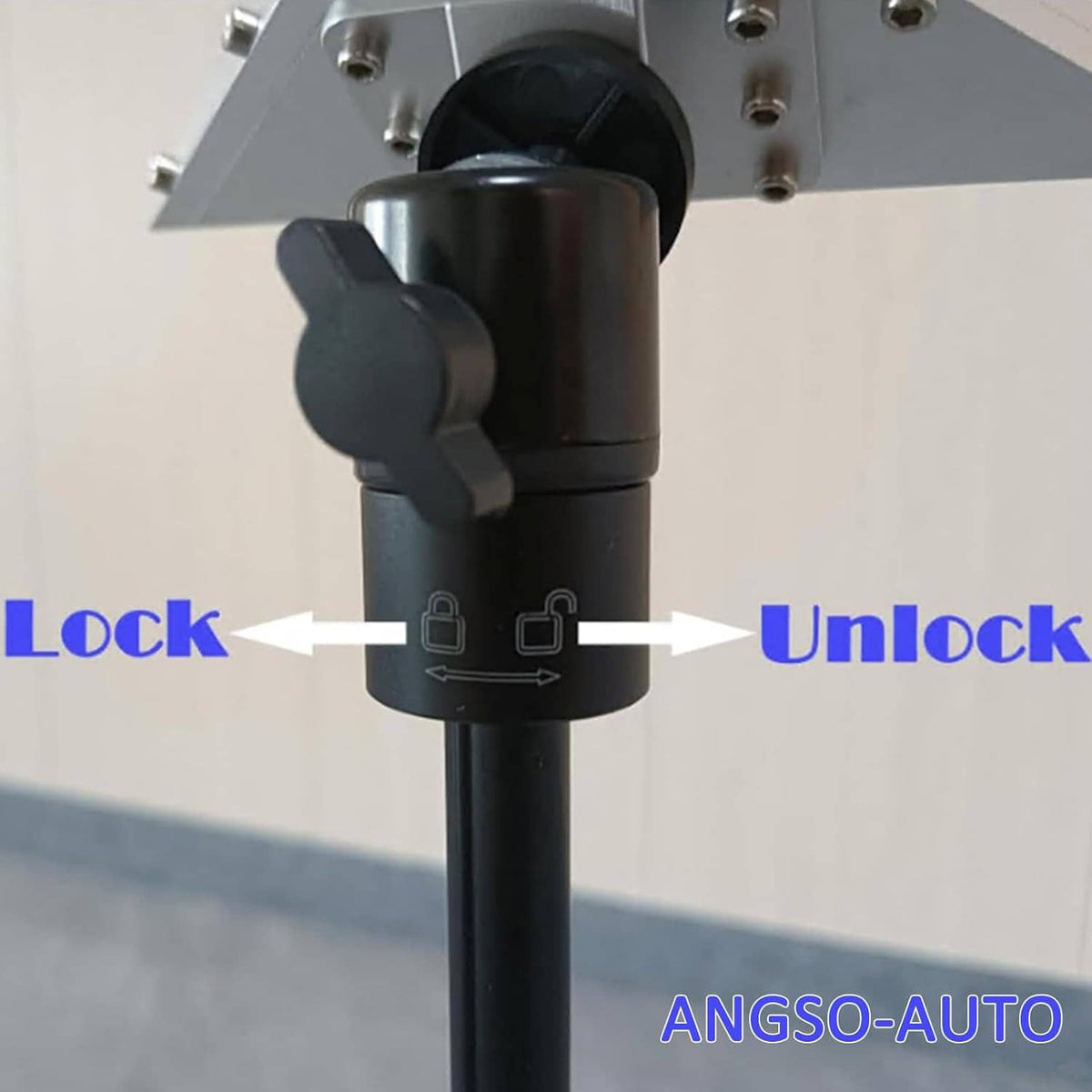 Lock and unlock switch on black swivel joint for adjustable radar reflector stand