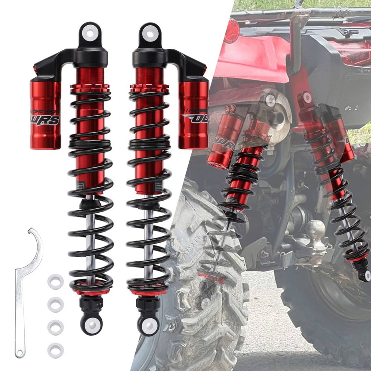 Pair of rear ATV shock absorbers with red bodies, black coils, and mounting hardware