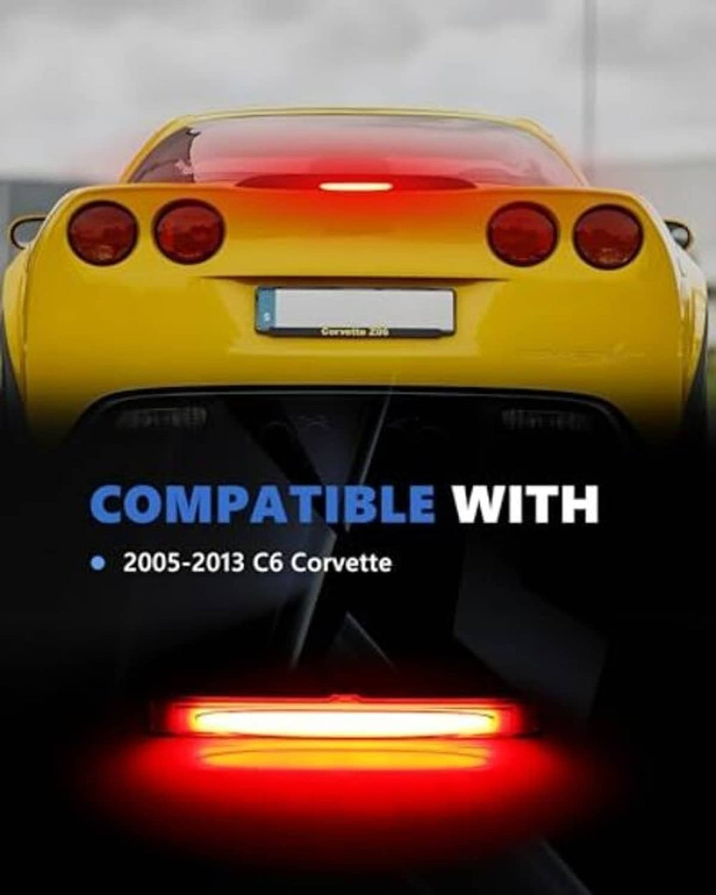 Red-lens LED third brake light assembly mounted on rear vehicle