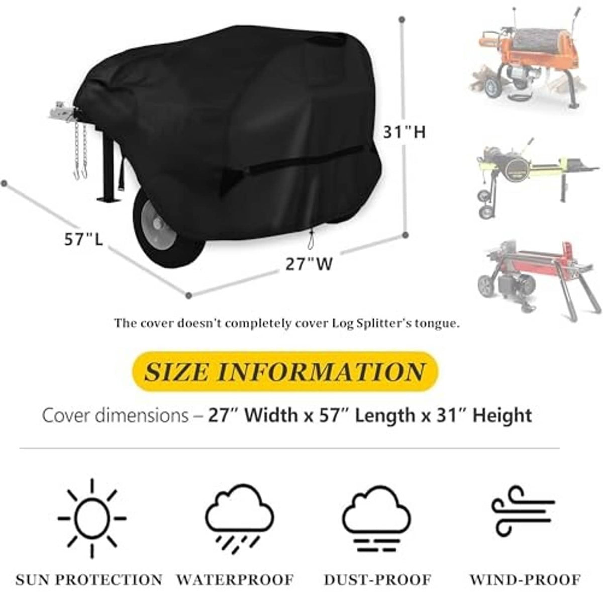 Black log splitter cover, 57 x 27 x 31 in size, drawstring and securing strap