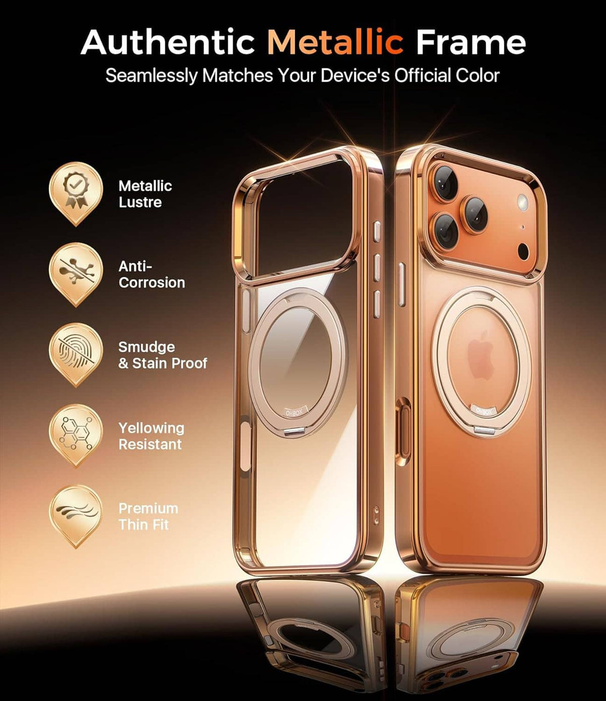 Orange metallic iPhone case with ring stand, slim frame and reinforced corners