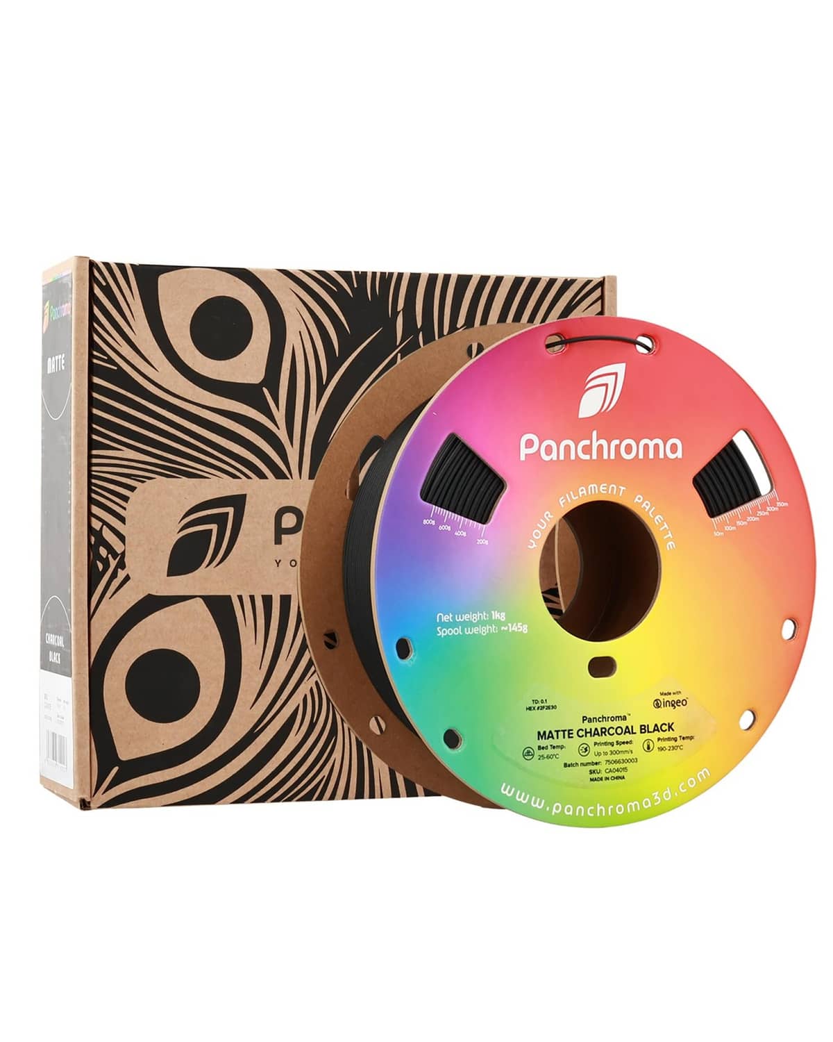 Matte charcoal black PLA filament spool with patterned shipping box