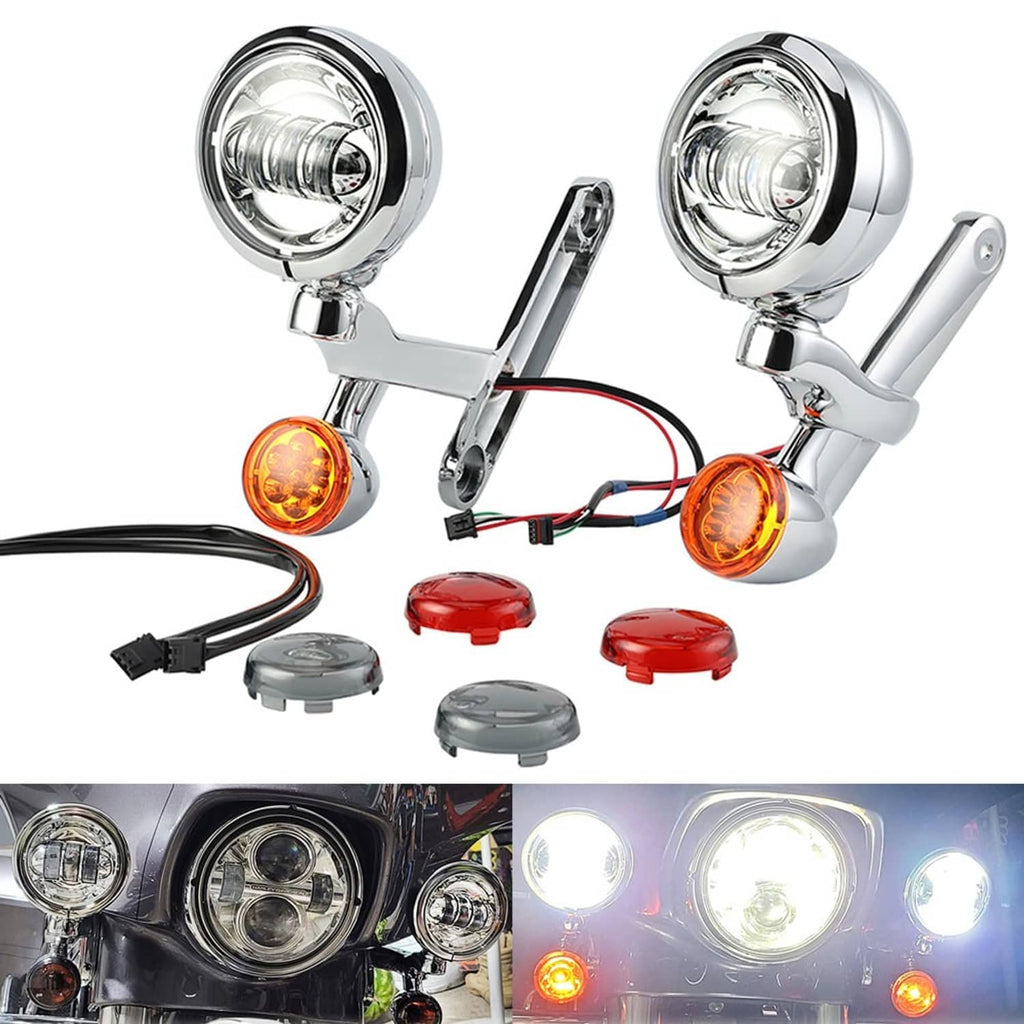 Auxiliary LED fog spot lights with amber turn signal bulbs and chrome mounting bracket set
