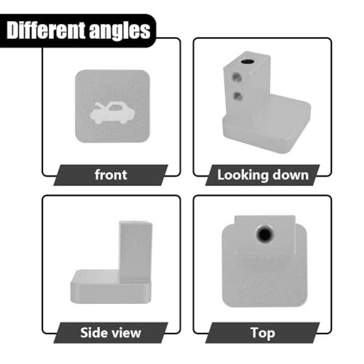 Grey hood latch release handle bracket shown from front, side, top angles