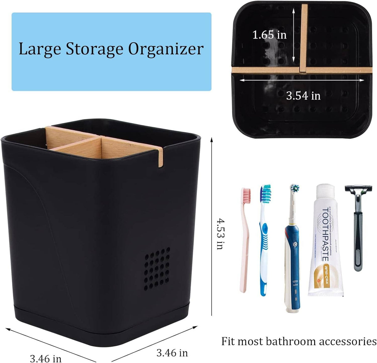 Black 3-slot toothbrush holder with storage compartment and ventilation/drain holes