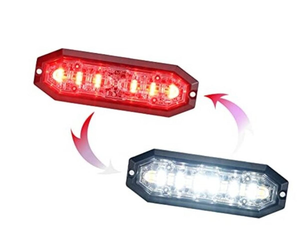 Red and white surface-mount LED strobe light with directional glow arrows and mounting screws