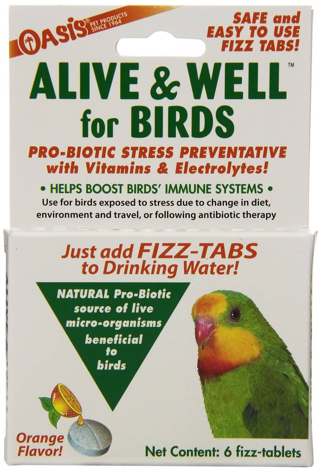 Pro-biotic bird stress preventative tablets box, Alive & Well, orange flavor