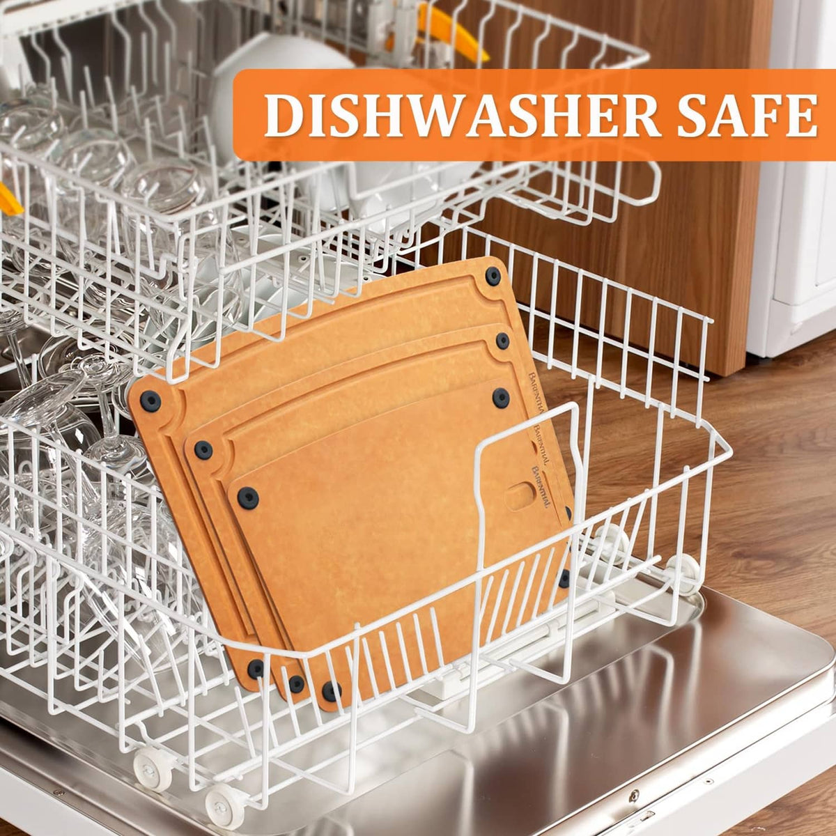 Tan composite cutting boards in a dishwasher rack, shown stacked with corner grip holes