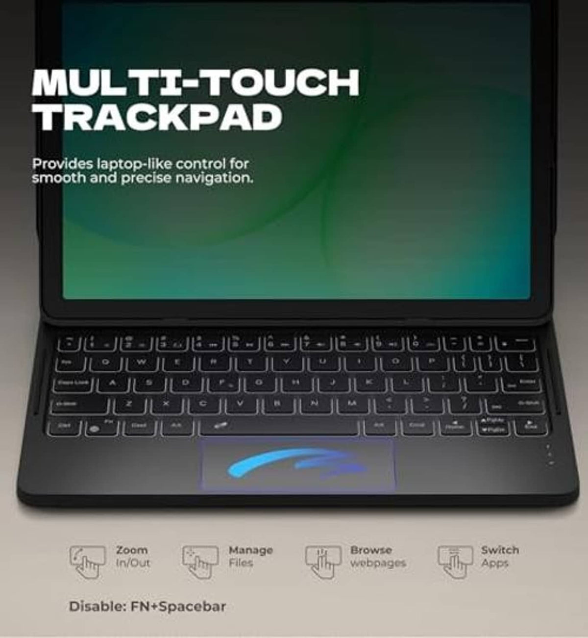 Black keyboard tablet case with large multi-touch trackpad