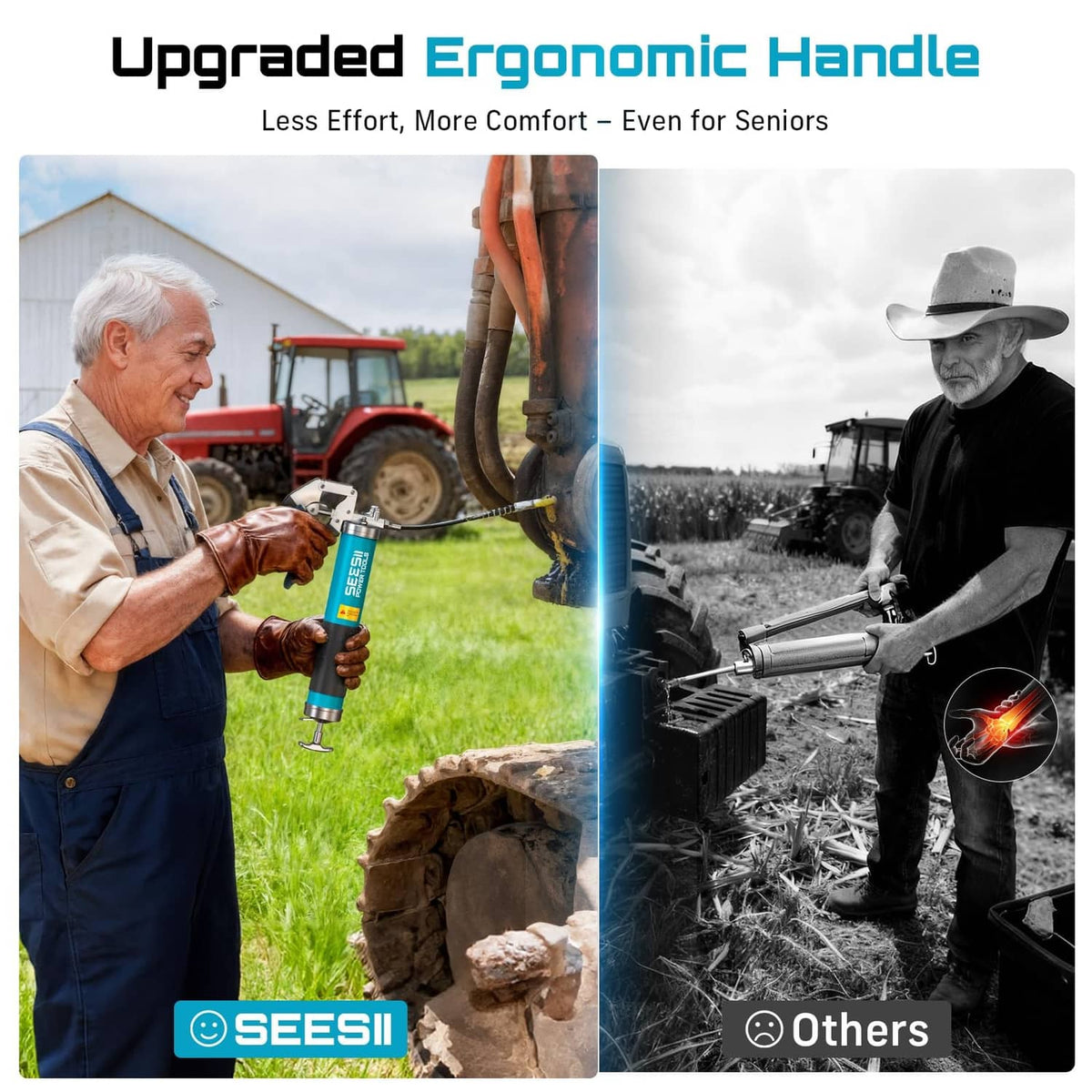 Blue grease gun nozzle and hose attachment with two age-friendly use scenes
